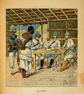 A madagaszkári háború – Az 1885-1895-ös francia expedíciók anekdotikus története, Henri Galli dit Galllichet (1854-1922), illusztrálta: Louis Bombled (1862-1927): Egy Hovas fogoly kihallgatása a franciák által, Magángyűjtemény alkotó: Louis Charles Bombled