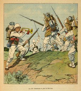 A madagaszkári háború – Az 1885-1895-ös francia expedíciók anekdotikus története, Henri Galli dit Galllichet (1854-1922), illusztrálta Louis Bombled (1862-1927): A 40. gyalogos vadászok az 1895-ös beritzai harcok során Gyűjtemény alkotó: Louis Charles Bombled