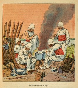 A madagaszkári háború – Az 1885-1895-ös francia expedíciók anekdotikus története, Henri Galli dit Galllichet (1854-1922), illusztrálta: Louis Bombled (1862-1927): A 200. sor bivakja Madagaszkáron 1895-ben, Magángyűjtemény alkotó: Louis Charles Bombled
