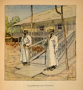 A madagaszkári háború – Az 1885-1895-ös francia expedíciók anekdotikus története, Henri Galli dit Galllichet (1854-1922), illusztrálta Louis Bombled (1862-1927): Ranavalona királynő pavilonja Tananarive-ban 1895-ben, magángyűjtemény alkotó: Louis Charles Bombled