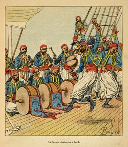 A madagaszkári háború – Az 1885–1895-ös francia expedíciók anekdotikus története, Henri Galli dit Galllichet (1854–1922), illusztrálta: Louis Bombled (1862–1927): Kilenc török ​​a Madagaszkárra vitorlázó hajón, Magángyűjtemény alkotó: Louis Charles Bombled
