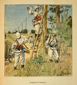 A madagaszkári háború – Henri Galli dit Galllichet (1854-1922) 1885–1895-ös francia expedícióinak anekdotikus története, Louis Bombled (1862–1927) illusztrálásával: A hadjárati távíró megvalósítása a katonaság által 1895-ben Madagaszkáron, magánszemély kol alkotó: Louis Charles Bombled
