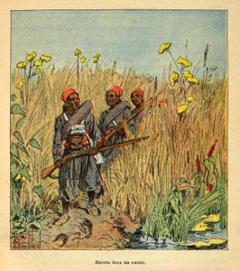 A madagaszkári háború – Henri Galli dit Galllichet (1854-1922) 1885-1895-ös francia expedícióinak anekdotikus története, Louis Bombled (1862-1927) illusztrálásával: Francia csapatok expedíción a madagaszkári mocsarakban 1895-ben, magángyűjtemény alkotó: Louis Charles Bombled