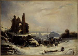 Visszatérés a piacról (hóhatás Párizsban), 1830 körül (olaj, vászon) alkotó: Louis Claude Mallebranche