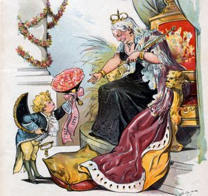 Puck meghajol és átnyújt egy "1837 1897" feliratú virágcsokrot Viktória királynőnek.