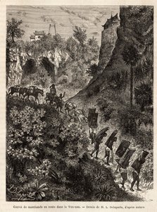 Kereskedőkből és portásaikból álló konvoj Yunnan (Kína) felé haladva, L. Delaporte rajza után vésve, Francis Garnier hajóhadnagy 1866–1868-as indokínai felfedezőútjának illusztrálására, megjelent a „” Le. tour du monde”” 187 alkotó: Louis Delaporte