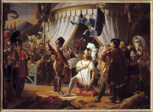 A francia I. Ferenc azt kéri, hogy Bayard lovaggá ütötte az 1515-ös olaszországi marignói csatában aratott győzelem után -