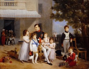 I. Napóleon császár a Château Saint-Cloud teraszán, gyermekeivel körülvéve