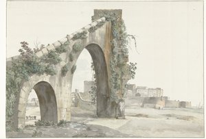 Gezicht op aquaduct en de stad Taranto Kilátás az Aquaductra és Taranto városára (cím a tárgyon) Utazások Olaszországban, Szicíliában és Máltán - 1778 (sorozat címe) alkotó: Louis Ducros
