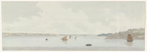 Gezicht op een deel van het Mare Piccolo Kilátás a Mare Piccolo egy részére, ahol volt a régi híd, a Galesus torkolata (cím a tárgyon) Utazások Olaszországban, Szicíliában és Máltán - 1778 (sorozat címe)
