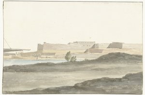 Kilátás a kastélyra Barletta kikötőjében Vue du Château, qui domine le port de Barletta (cím a tárgyon) Voyage en Italy, and Sicile et à Malte – 1778 (sorozat címe) alkotó: Louis Ducros