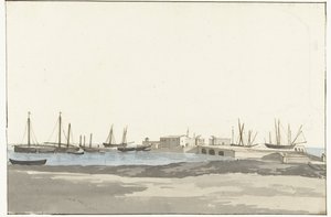 Barletta kikötője hajókkal Mole du port de Barletta (cím a tárgyon) Voyage en Italy, and Sicile et à Malte – 1778 (sorozat címe) alkotó: Louis Ducros