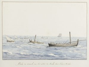 Koraalvissers voor de kust van Sicilië ter hoogte van Terra Nuova Korallhalászat Szicília partjainál a Terra Nuova felé (cím a tárgyon) Utazások Olaszországban, Szicíliában és Máltán - 1778 (sorozat címe) alkotó: Louis Ducros