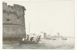 Mosselvissers op Mare Piccolo bij de vestingwerken van Taranto Kagyló horgászat a tarantói Mare piccolóban a Citadella sarkából nézve (cím a tárgyon) Utazások Olaszországban, Szicíliában és Máltán - 1778 (sorozat címe)