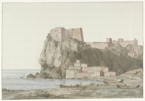 Burps in stad Scilla in de regio Calabrië aan de westkust Rock & Town of Scilla Calabriában; kilátás a naplemente oldaláról (cím a tárgyon) Utazások Olaszországban, Szicíliában és Máltán - 1778 (sorozat címe)