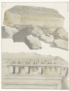 Twee stukken van een architraaf van de antieke temple in de oude stad Manduria Kilátás az ókori templom architrave szobájára, Manduria ősi városában Utazások Olaszországban, Szicíliában és Máltán - 1778 (sorozat címe)
