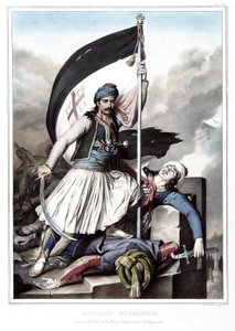 Nikolacki Nitropolos, aki az Oszmán Birodalomból átvett szalonai erődnél a keresztet viseli, 1821 húsvét napján a „” Utazás Athénbe és Konstantinápolyba című művében, vagy görög és oszmán portrék, nézetek és jelmezek gyűjteményében festve. alkotó: Louis Dupré
