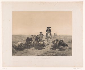 Farmer és pásztor tehenekkel és juhokkal a piac felé tartva Útközben pour le marché (cím a tárgyon) alkotó: Louis Emmanuel Soulange Teissier