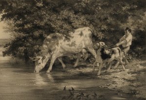 Fiú tehénnel és borjúval a folyónál alkotó: Louis Emmanuel Soulange Tessier
