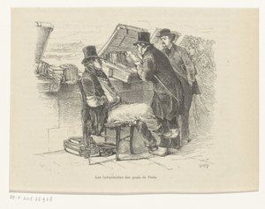 Könyvkereskedő a párizsi rakparton Les bouquinistes des quais de Paris (cím a tárgyon) alkotó: Louis Ernest Lesage