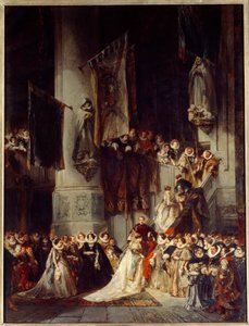 Szertartás a delfti templomban. századi hollandiai esküvőt ábrázoló festmény. Louis Gabriel Eugene Isabey (1803-1886) festménye