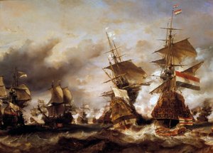 Háború az Augsburgi Liga ellen: „” Texeli csata 1694. június 29-én, Jean Bart (1650-1702) győzelme a Friesland admirális holland százada felett”” A franciák búza rakományokat foglalnak el holland hajókat. Louis Gabriel Eugene Isabey (1803-1886) festménye