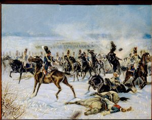 The Battle of Eylau, 1807. február 20. (The Battle of Preussisch Eylau, 1807. február 8.). Katonai összecsapás I. Napóleon (1769-1821) francia Grande Armee és az Orosz Birodalom között. Louis Ferdinand Malespina (1874-1940) munkája, olaj kb alkotó: Louis Ferdinand Malespina