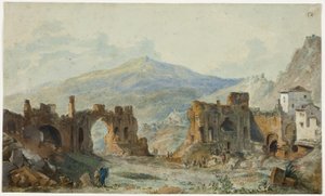 A taorminai ókori színház az Etnára néző kilátással, tanulmány Saint Non Voyage Pittoresque de Naples et de Sicile című művéhez. alkotó: Louis Francois Cassas