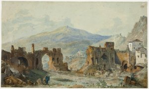 A taorminai ókori színház az Etnára néző kilátással, tanulmány Saint Non Voyage Pittoresque de Naples et de Sicile című művéhez. alkotó: Louis Francois Cassas