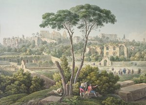 Kilátás a római Palatinus-hegyre, a háttérben a császári palota romjaival, 1800 körül