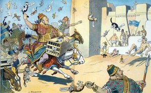A Wall Street-i perzsák és a washingtoni egyiptomiak 1907. Az illusztráció a pelusiumi csatát mutatja, a perzsák azonosított "érdekeltségű" perzsákkal.