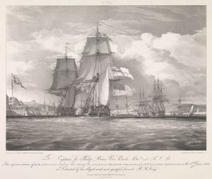 A HMS "Shannon" vezeti zsákmányát, a "Chesapeake" (1806) amerikai fregattot Halifax kikötőjébe, Új-Skócia, 1813. június 6-án, 1815 körül (litográfia). alkotó: Louis Haghe