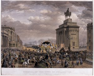 Wellington herceg (1769-1852) temetkezési autója elhaladt az Apsley House boltíve mellett 1853. november 18-án alkotó: Louis Haghe