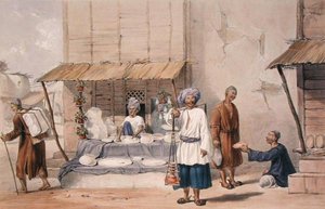 Falloden bódé havat stb. szállító huzzakkal a piacra, Lockyer Willis Hart kapitány által írt „Afganisztán karakterei és jelmezei” című művéből, 1843-ban (színes litó) alkotó: Louis Hague