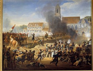 1809. április 21-én a Landshut hídon elhaladva Mouton tábornok irányította a 17. ezred gránátosait. Louis Hersent festménye (1777-1860)