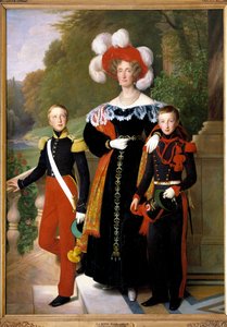 Marie-Amelie királynő és két fia, Aumale hercege egyenruhában a könnyű gyalogság katonájaként és Montpensier hercege tüzéregyenruhában, a Neuilly kastély parkjára néző kilátással 1833 körül