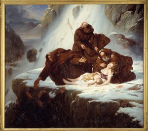 A vallásosok a Szent Gotthard (San Gottardo) hospice-ban, a rablók által érintett családoknak segélyt nyújtanak Louis Hersent (1777-1860) festménye 1824