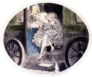 Leszállás a kocsiról, 1920-1930 körül (rézkarc és akvatinta) alkotó: Louis Icart