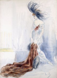 Elegáns hölgy tollas kalappal és bundával alkotó: Louis Icart