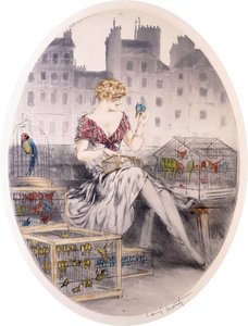 Lány törpepapagájokkal, 1920-as és 30-as évek (színes rézkarc)