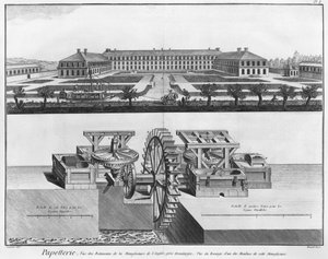 Papírmalom, illusztráció Denis Diderot (1713-84) "Encyclopedie des Sciences et Metiers"-ből, Robert Benard (fl.1734) metszete 1770 körül jelent meg.