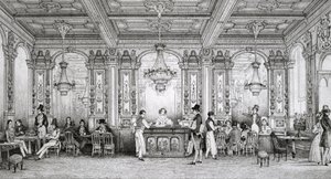 A Dusillon építész által épített Cafe de la Banque de France a Place de Victoire - Schaal metszete - 1839 - alkotó: Louis Jacques Nicolas Schaal
