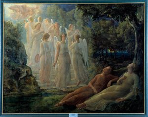 A lélek verse; Az arany létra, jelenet lírai hangulatú, angyalokkal és Isten alakjával benépesítve. Louis Janmot (1814-1892) festménye XIX. Lyon, musee des Beaux Arts - A lélek verse: arany létra, jelenet dalszöveggel