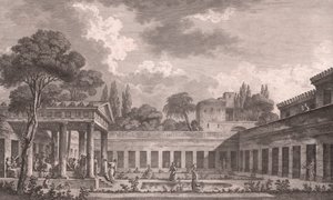 A pompeji Diomédész-villa ideális rekonstrukciója a Vezúv vulkán kitörése előtti eredeti állapotára i.sz. 79-ben, Campania, Olaszország, rézkarc Louis Jean Desprez (1743-1804) rajza alapján, kb 21x34 cm alkotó: Louis Jean (after) Desprez