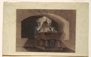 Rajz, Egyiptomi stílusú sírkamra kariatidákkal és oroszlánnal, 1779-84 körül. alkotó: Louis Jean Desprez