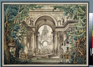 ""La procession au temple"" (Koncesszió a templomban) Színdarab szcenográfia. Akvarell: Louis Jean Desprez (1743-1804) Puskin Múzeum, Moszkva alkotó: Louis Jean Desprez