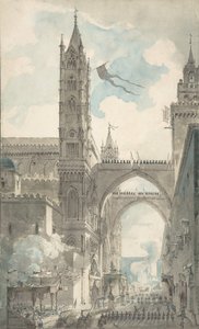 Kilátás a palermói székesegyház portáljára és főbejáratára a fesztivál ideje alatt..., n.d. alkotó: Louis Jean Desprez