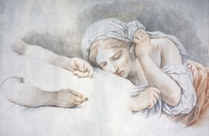 Egy fiatal lány egy másik lány ölében támasztja a fejét, alkotó: Louis Jean François Lagrenée