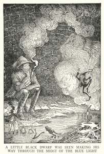 Egy kis fekete törpét látták áttörni a kék fény (litho) közepén. alkotó: Louis John Rhead