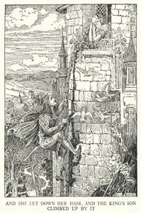 És leeresztette a haját, és a király fia felmászott mellette (litho) alkotó: Louis John Rhead